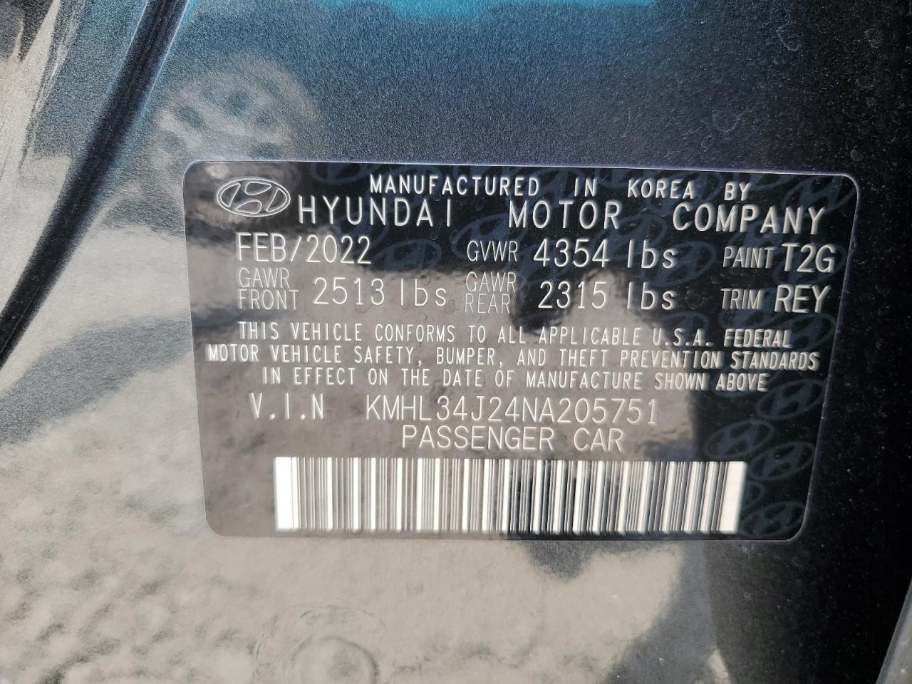 2022 HYUNDAI SONATA LIMITED VIN:KMHL34J24NA205751