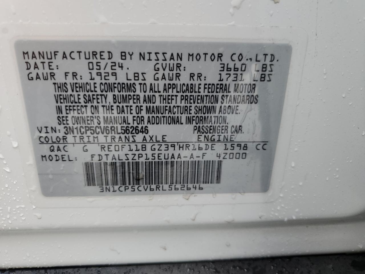 2024 NISSAN KICKS SV VIN:3N1CP5CV6RL562646
