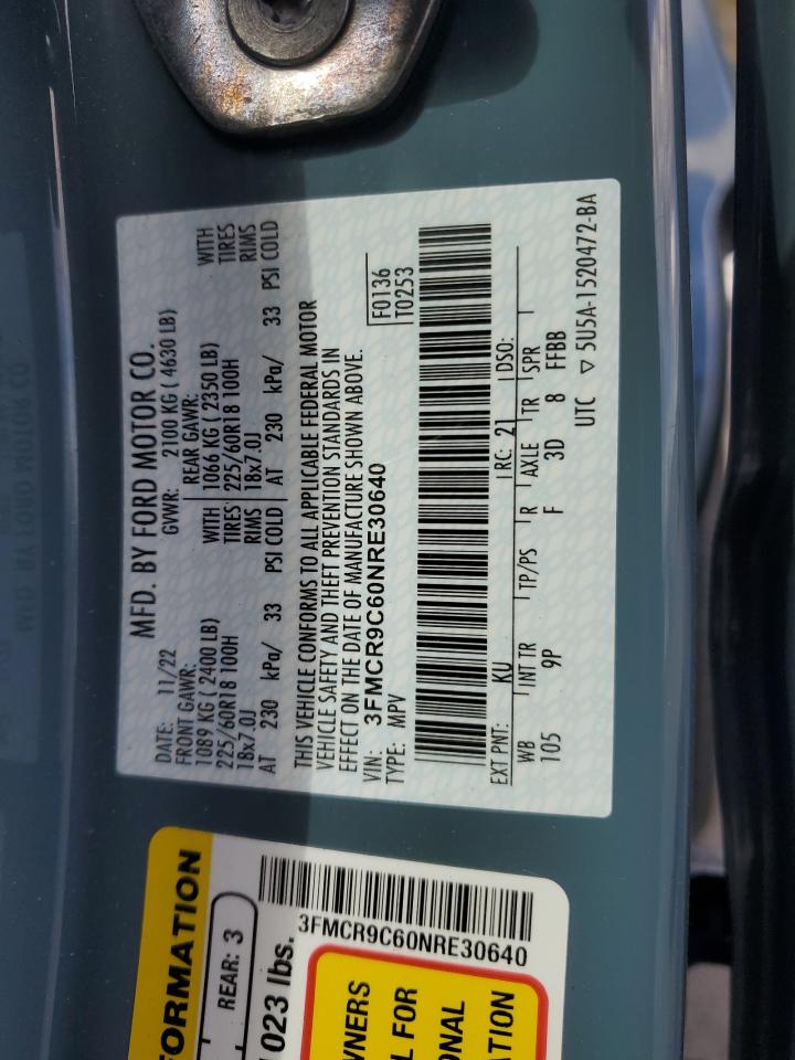 2022 FORD BRONCO SPORT OUTER BANKS VIN:3FMCR9C60NRE30640