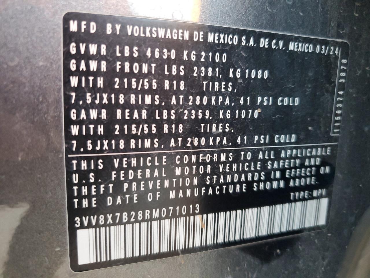 2024 VOLKSWAGEN TAOS S VIN:3VV8X7B28RM071013