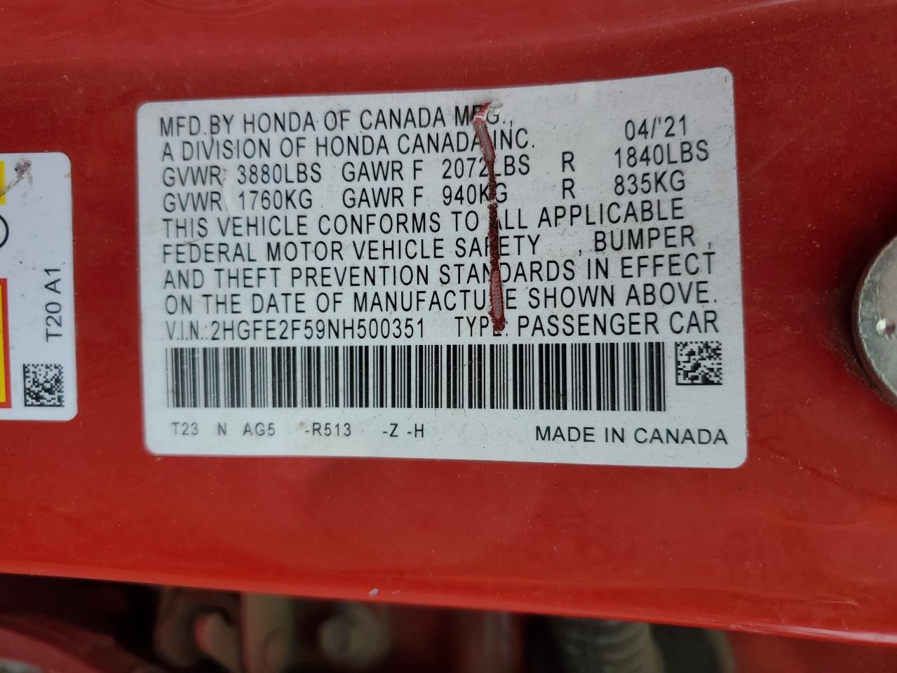 2022 HONDA CIVIC SPORT VIN:2HGFE2F59NH500351