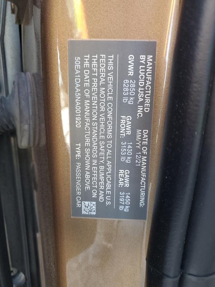 2022 LUCID MOTORS AIR DREAM VIN:50EA1DAA5NA001920