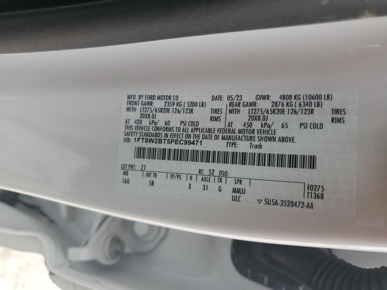 2023 FORD F250 SUPER DUTY VIN:1FT8W2BT5PEC99471