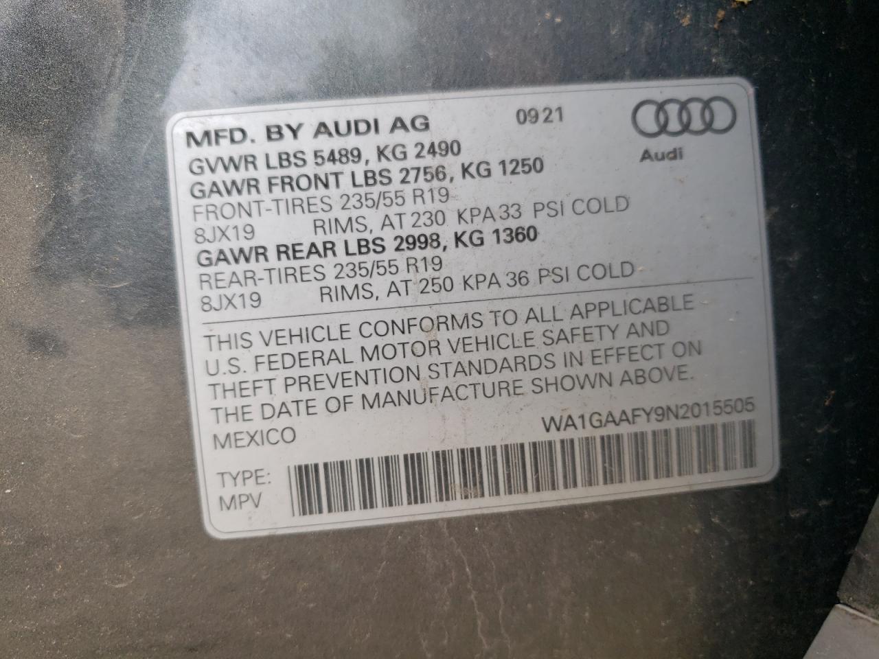 2022 AUDI Q5 PREMIUM 45 VIN:WA1GAAFY9N2015505