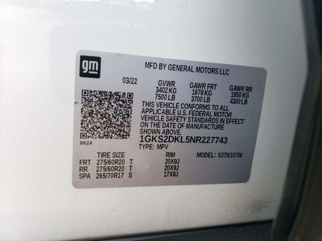 2022 GMC YUKON DENALI VIN:1GKS2DKL5NR227743