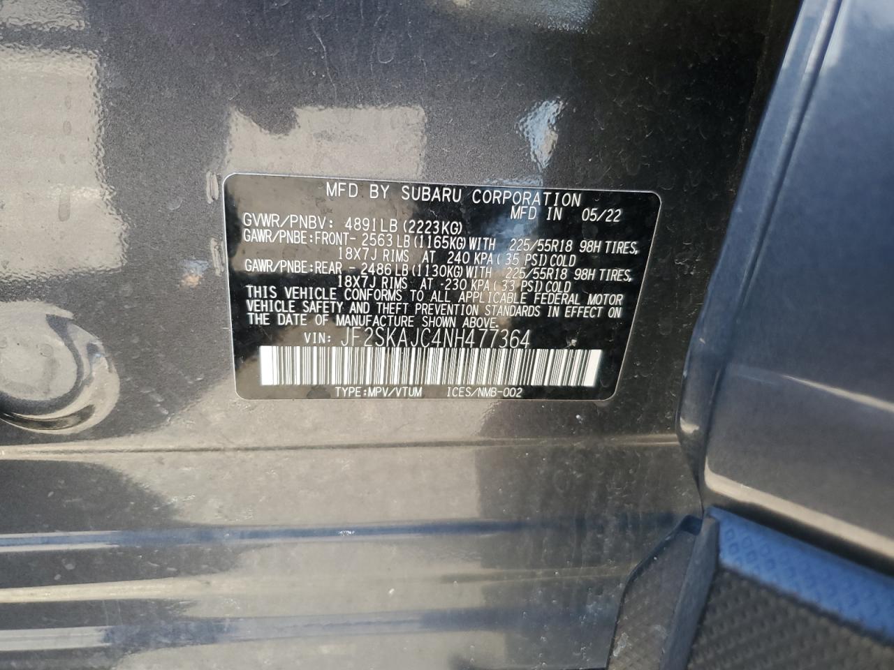 2022 SUBARU FORESTER SPORT VIN:JF2SKAJC4NH477364