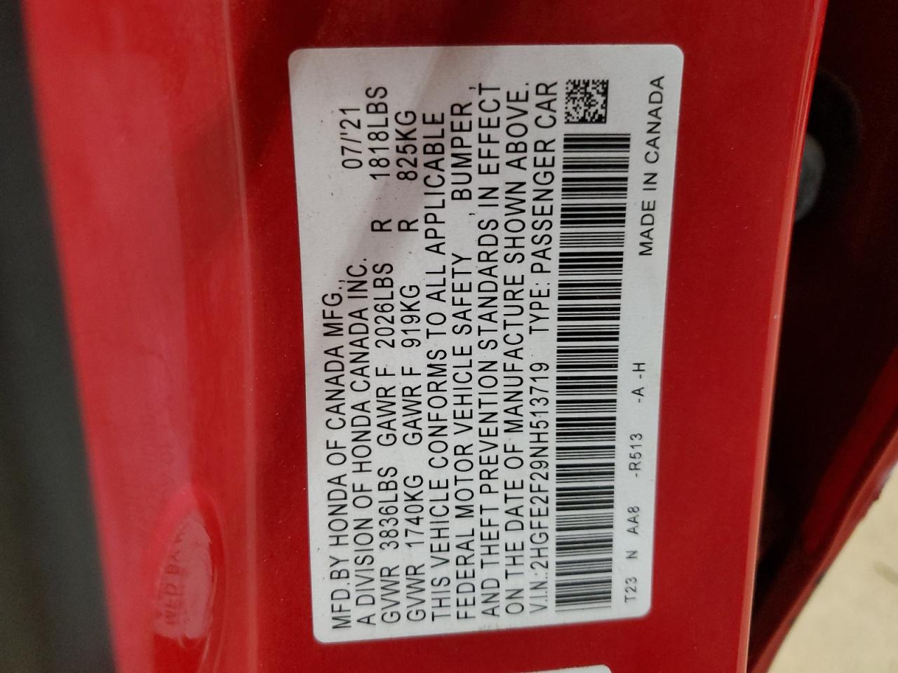 2022 HONDA CIVIC LX VIN:2HGFE2F29NH513719