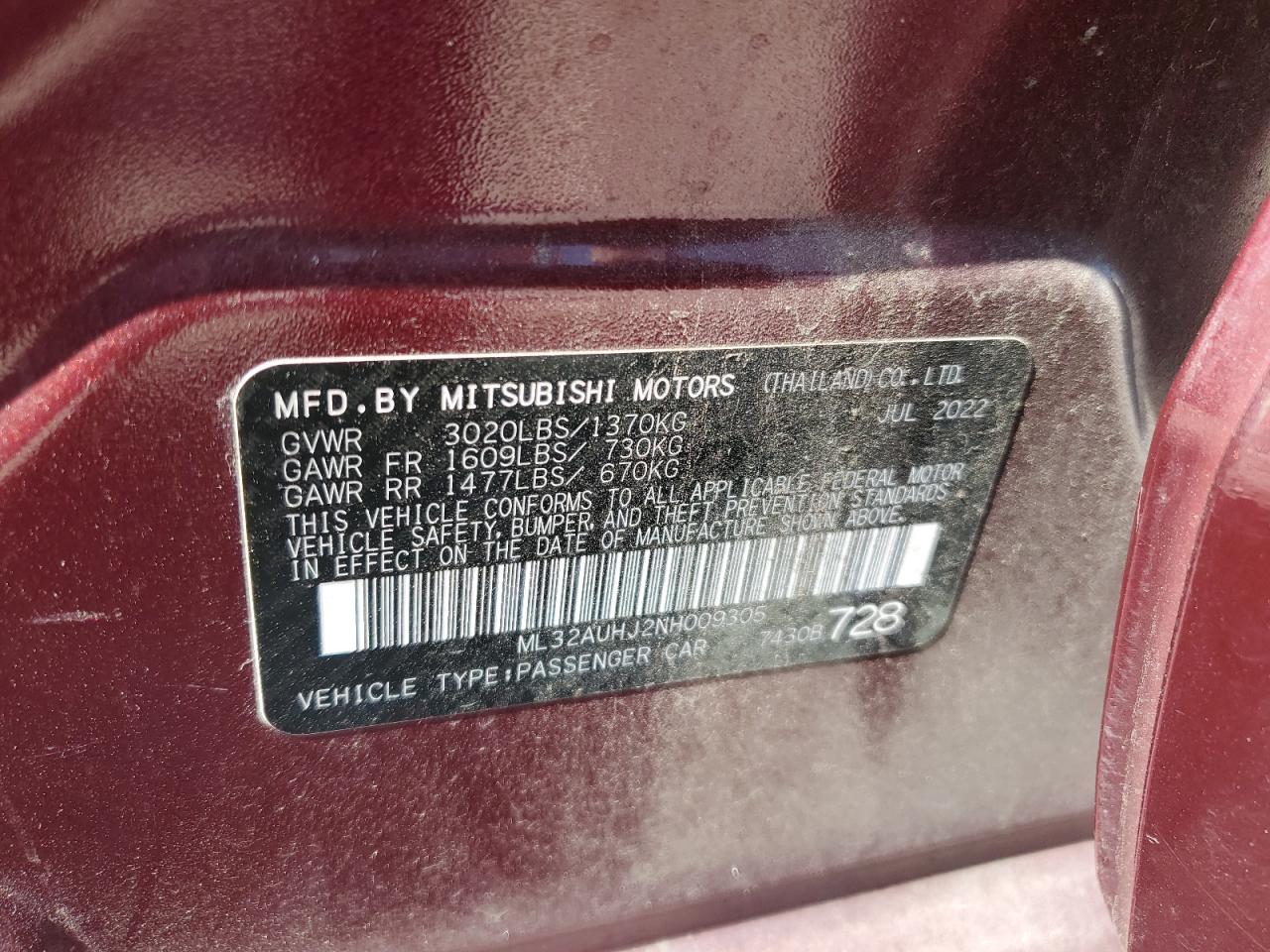 2022 MITSUBISHI MIRAGE ES VIN:ML32AUHJ2NH009305