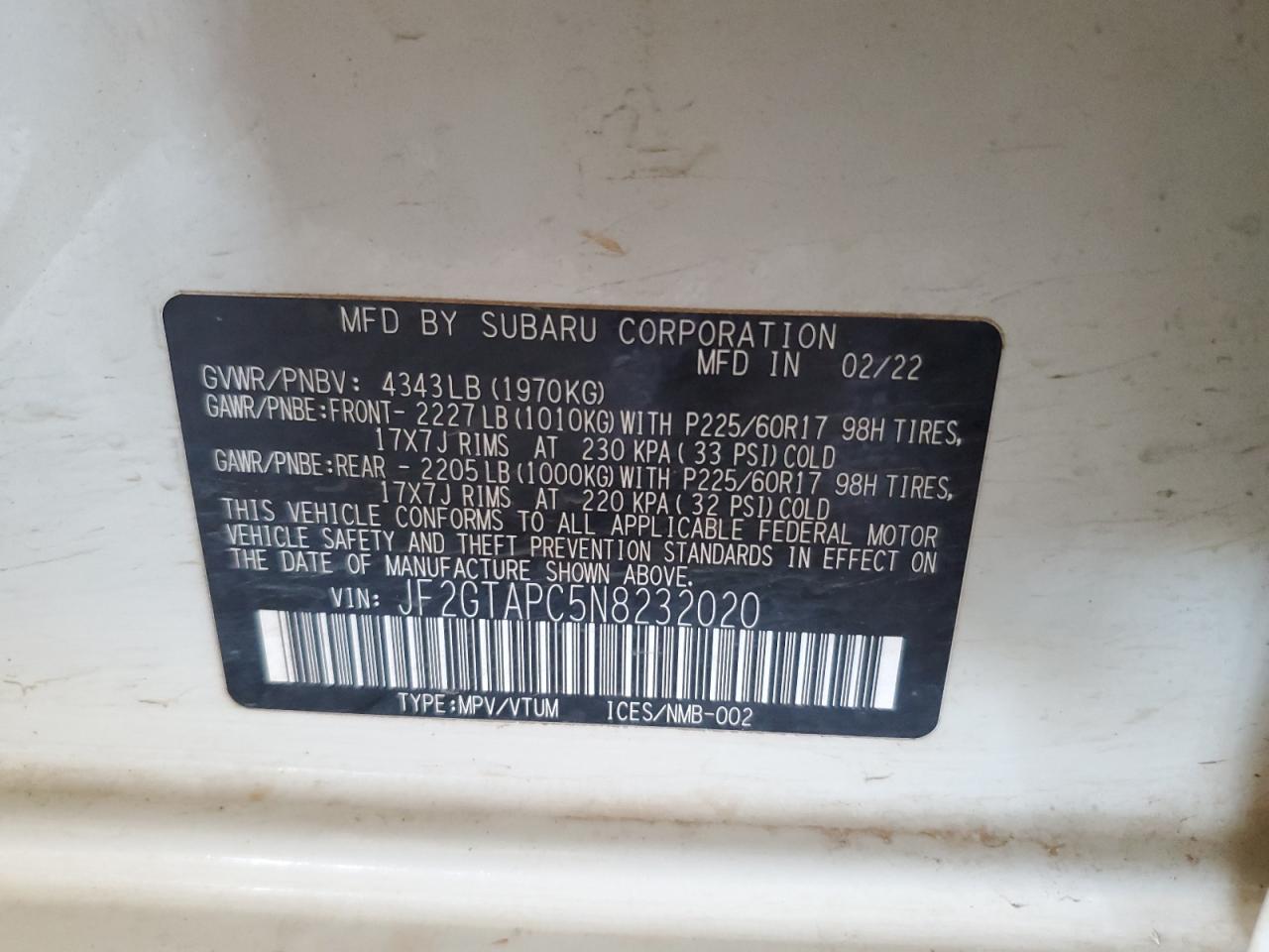 2022 SUBARU CROSSTREK PREMIUM VIN:JF2GTAPC5N8232020