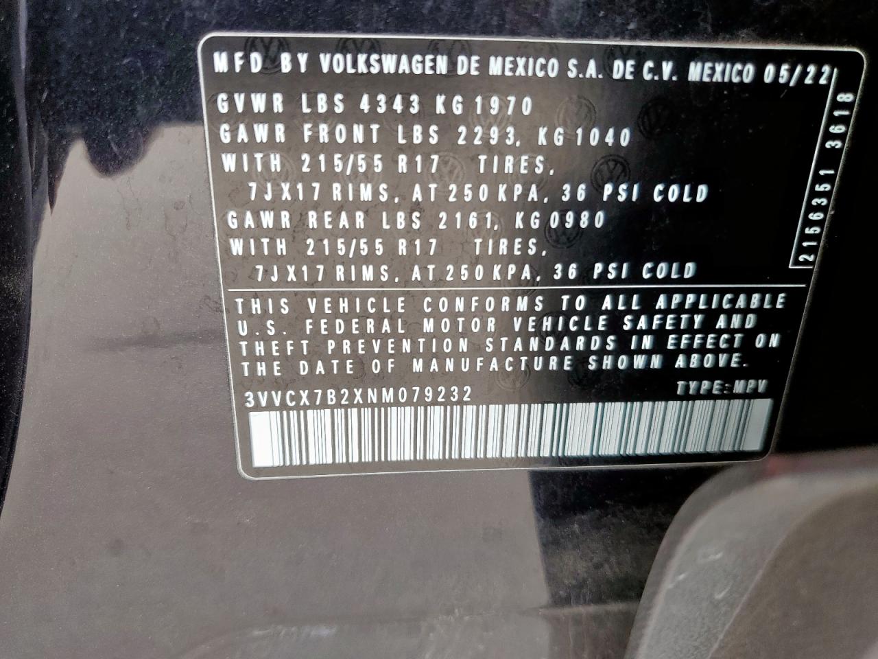 2022 VOLKSWAGEN TAOS S VIN:3VVCX7B2XNM079232