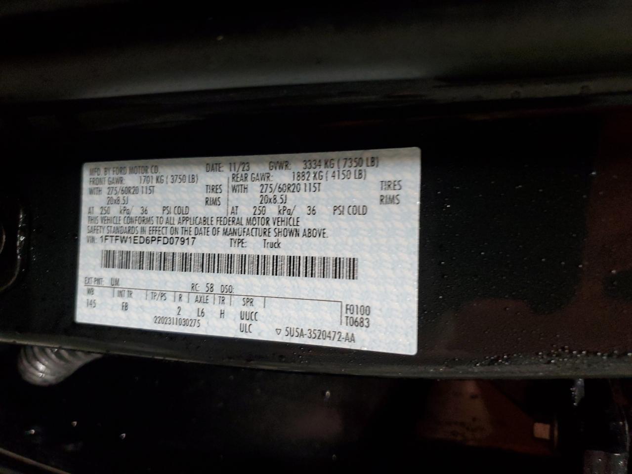 2023 FORD F150 SUPERCREW VIN:1FTFW1ED6PFD07917