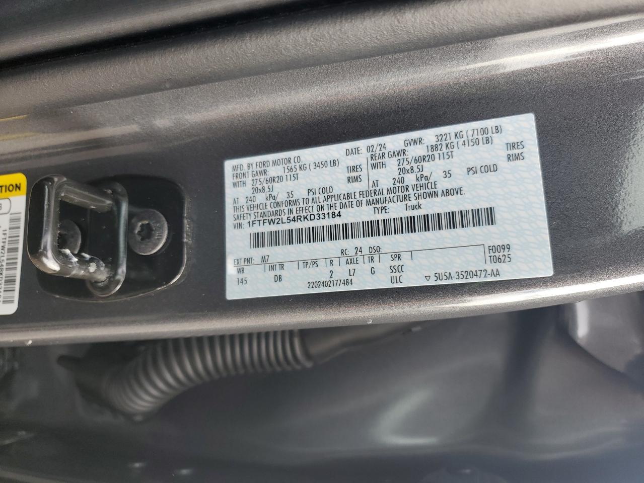 2024 FORD F150 STX VIN:1FTFW2L54RKD33184