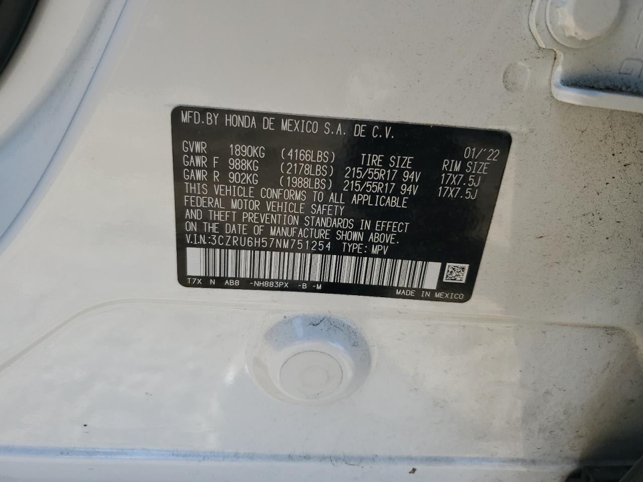 2022 HONDA HR-V EX VIN:3CZRU6H57NM751254