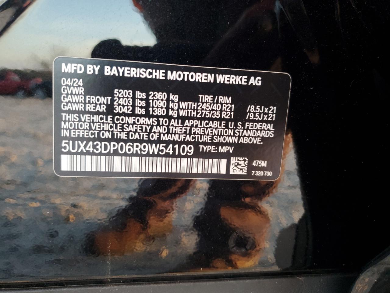 2024 BMW X3 SDRIVE30I VIN:5UX43DP06R9W54109