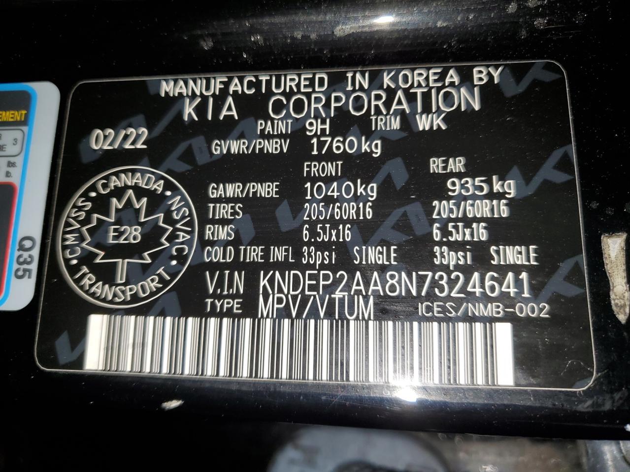 2022 KIA SELTOS LX VIN:KNDEP2AA8N7324641