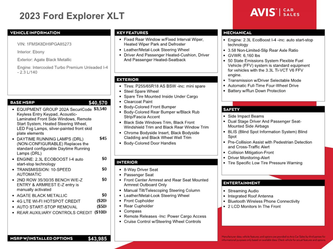 2023 FORD EXPLORER XLT VIN:1FMSK8DH9PGA85273