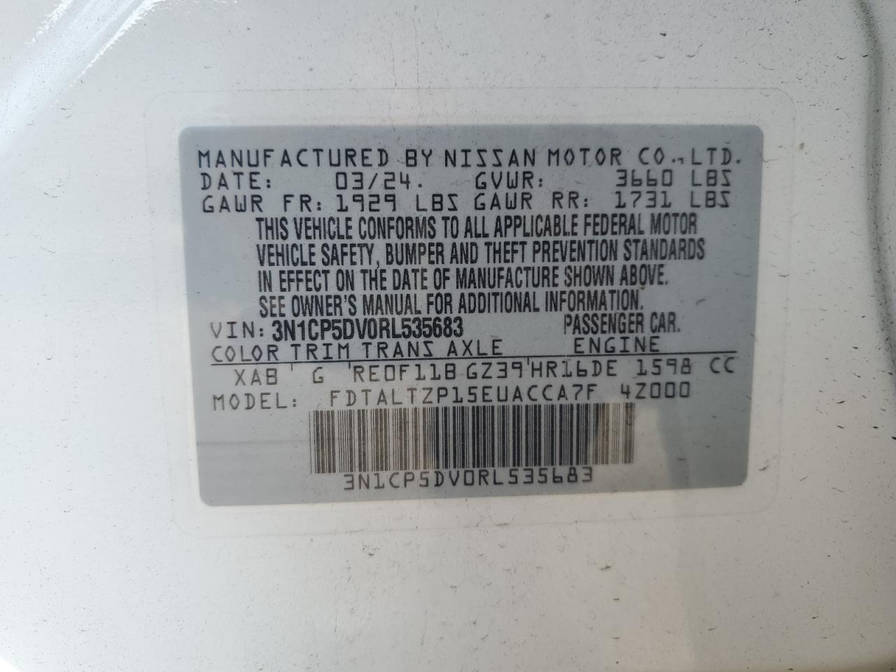 2024 NISSAN KICKS SR VIN:3N1CP5DV0RL535683