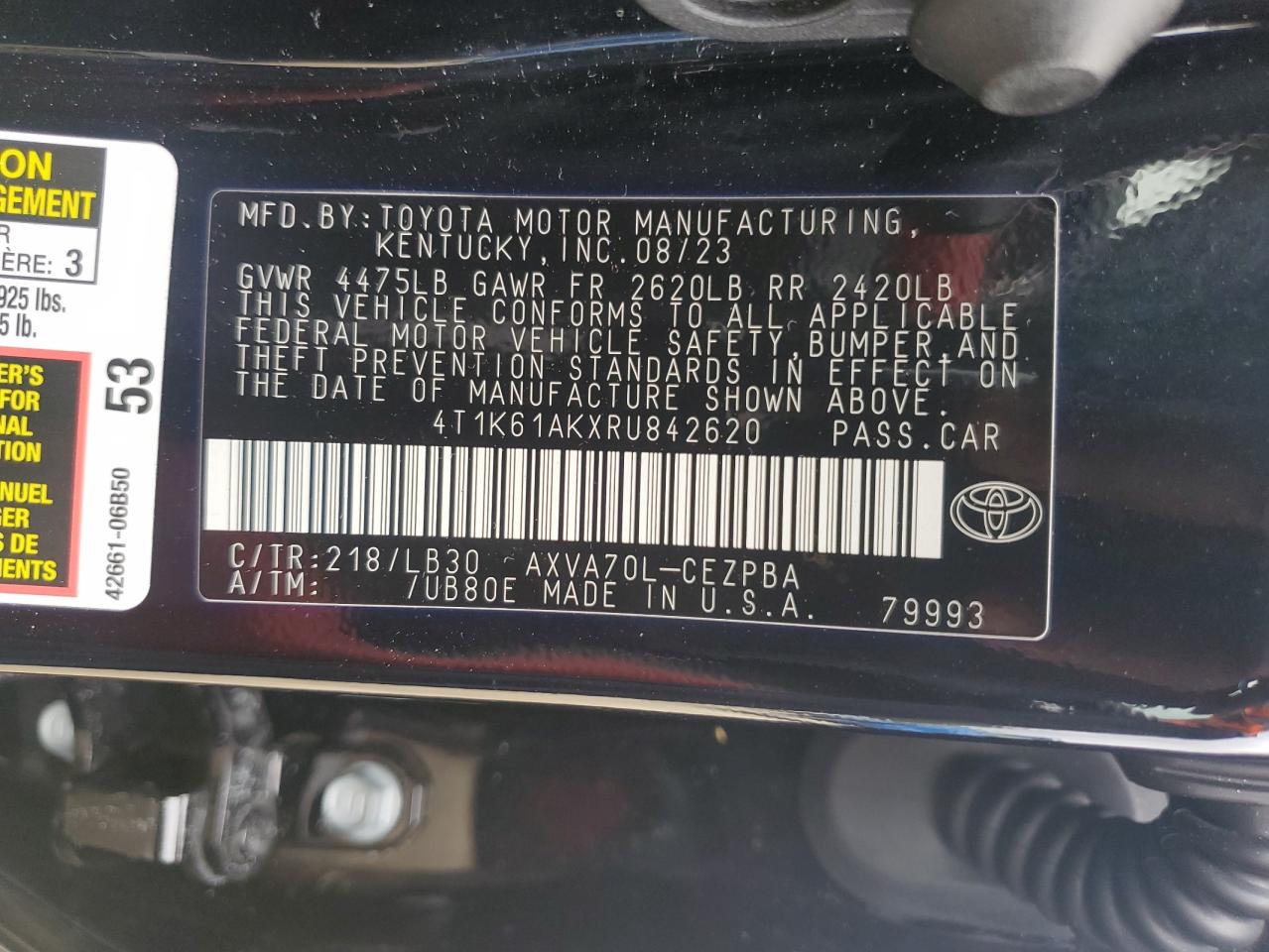 2024 TOYOTA CAMRY XSE VIN:4T1K61AKXRU842620