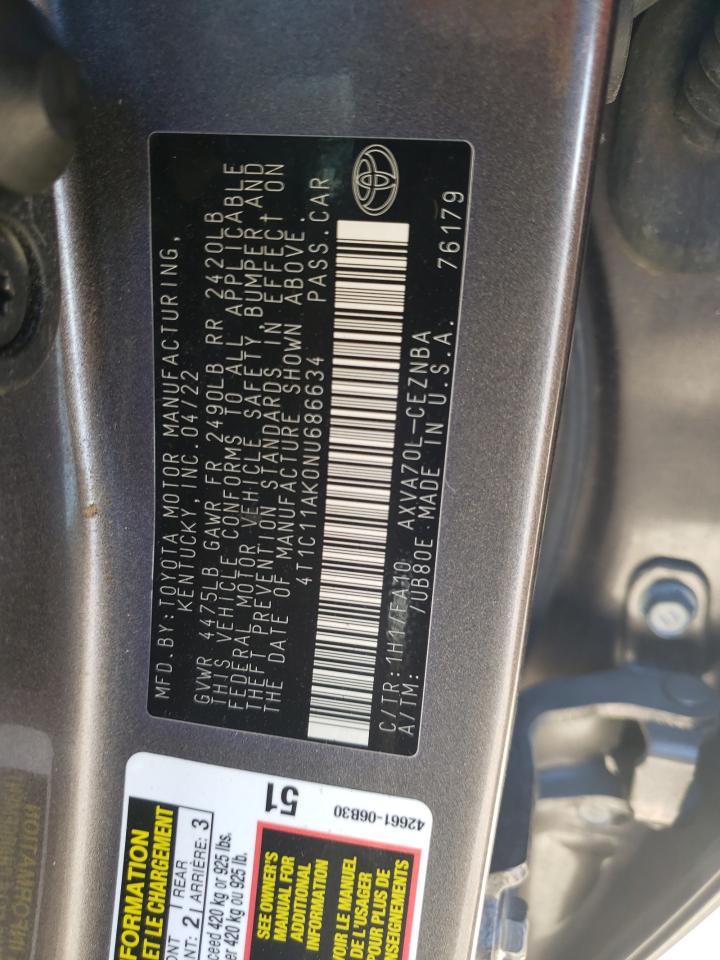2022 TOYOTA CAMRY LE VIN:4T1C11AK0NU686634