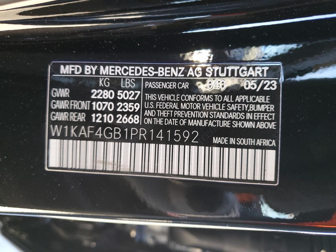 2023 MERCEDES-BENZ C 300 VIN:W1KAF4GB1PR141592