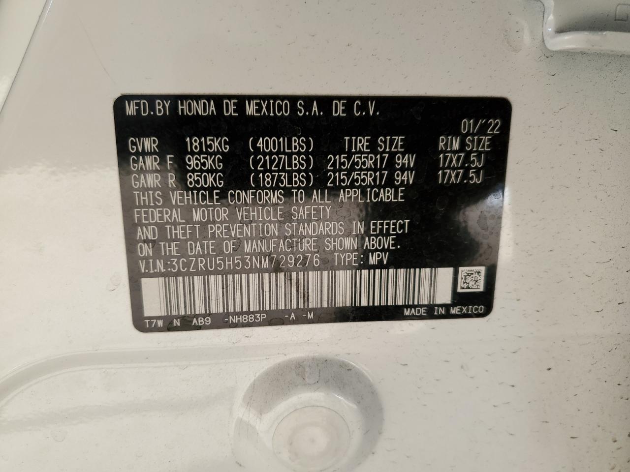 2022 HONDA HR-V EX VIN:3CZRU5H53NM729276