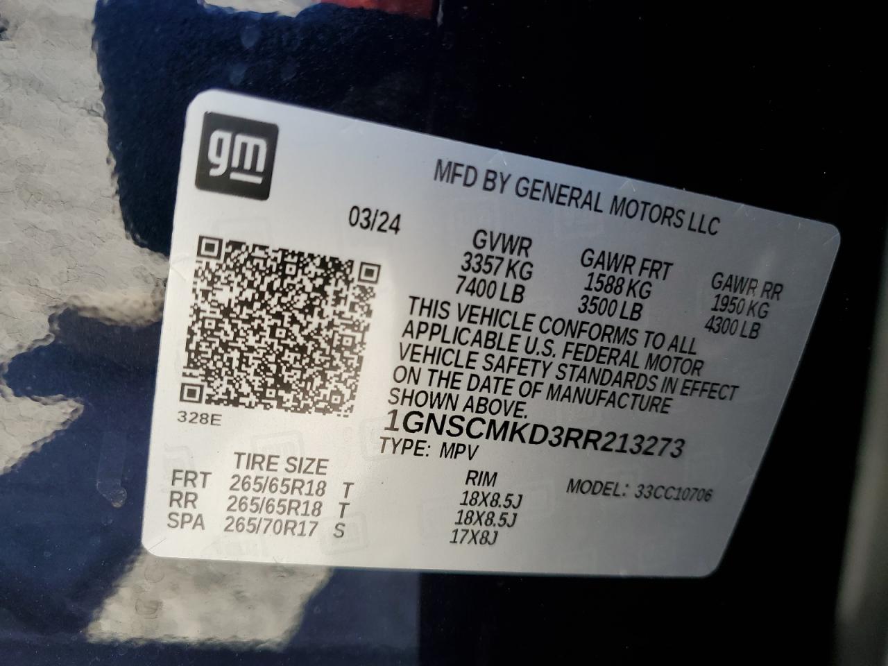 2024 CHEVROLET TAHOE C1500 LS VIN:1GNSCMKD3RR213273