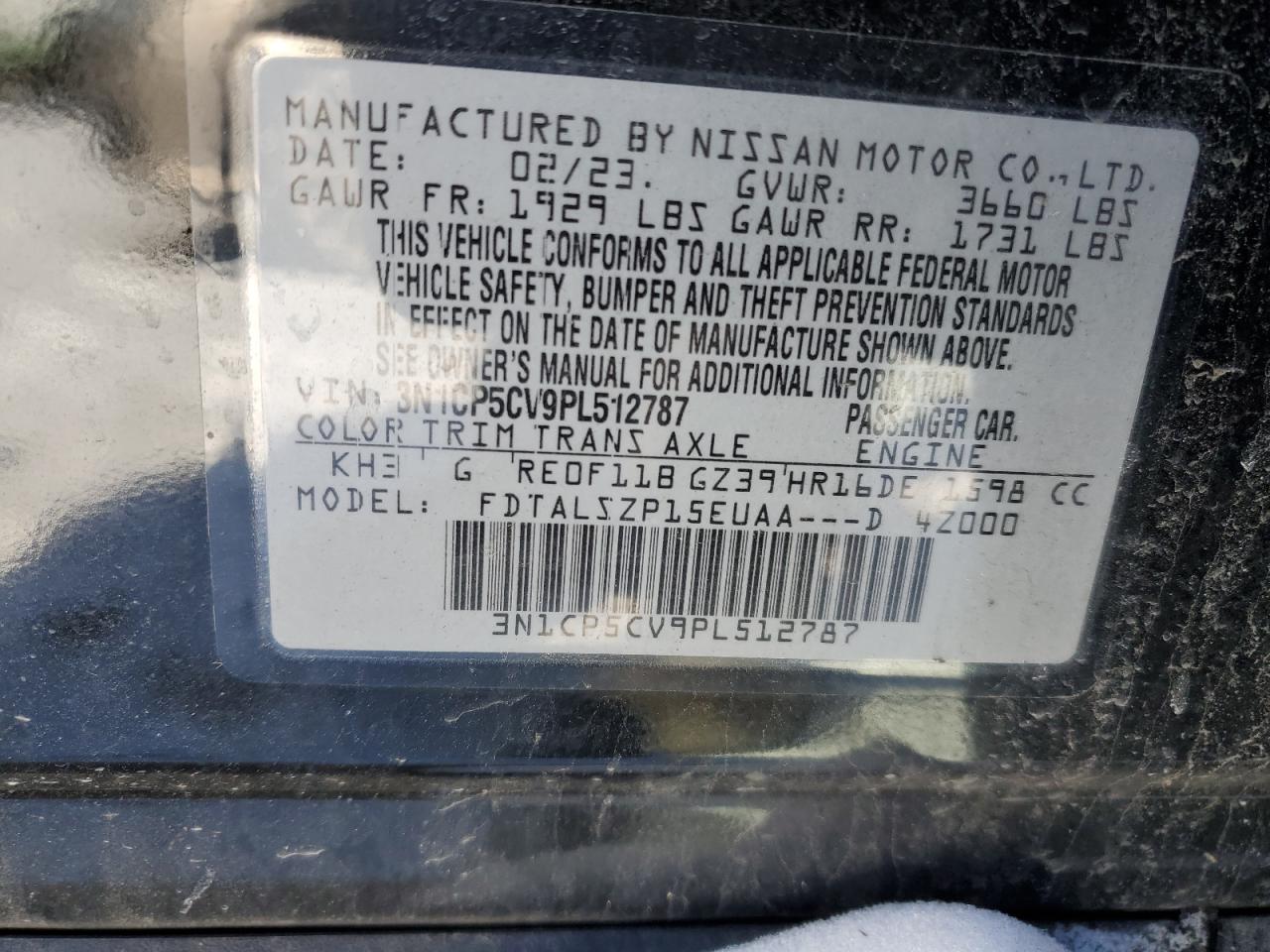 2023 NISSAN KICKS SV VIN:3N1CP5CV9PL512787