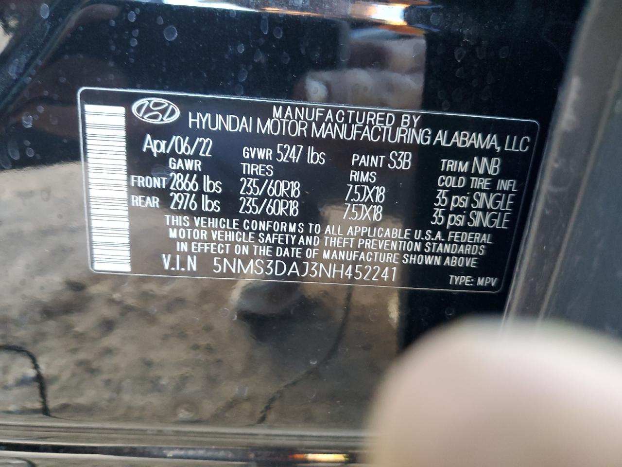 2022 HYUNDAI SANTA FE SEL VIN:5NMS3DAJ3NH452241