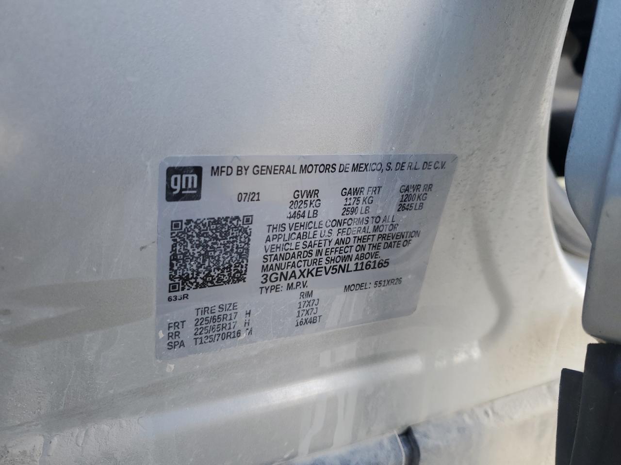 2022 CHEVROLET EQUINOX LT VIN:3GNAXKEV5NL116165