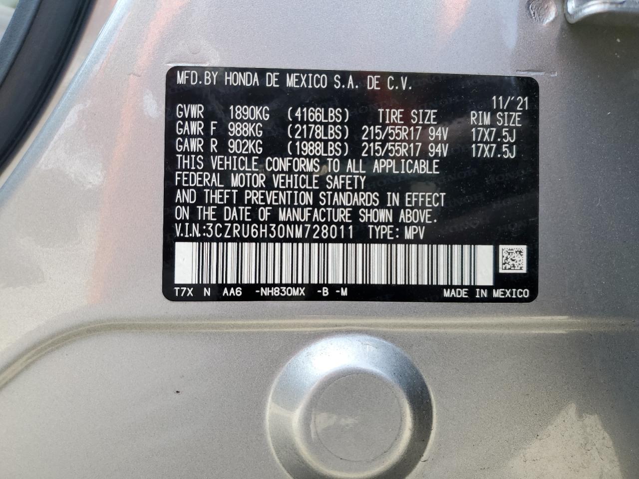 2022 HONDA HR-V LX VIN:3CZRU6H30NM728011