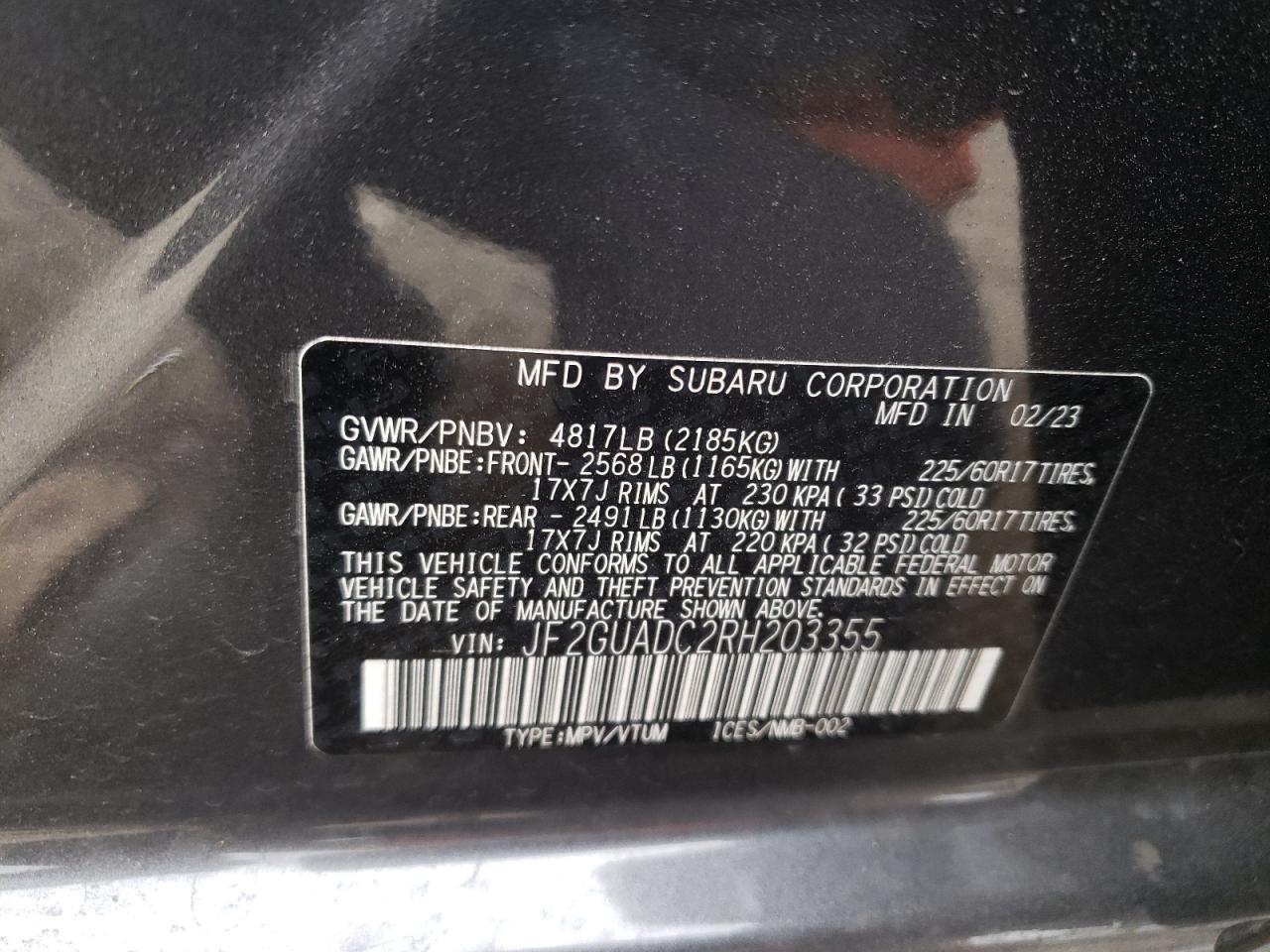 2024 SUBARU CROSSTREK PREMIUM VIN:JF2GUADC2RH203355