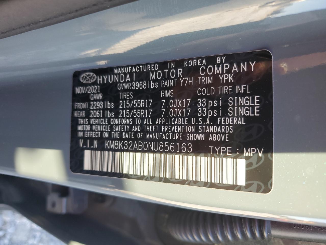 2022 HYUNDAI KONA SEL VIN:KM8K32AB0NU856163