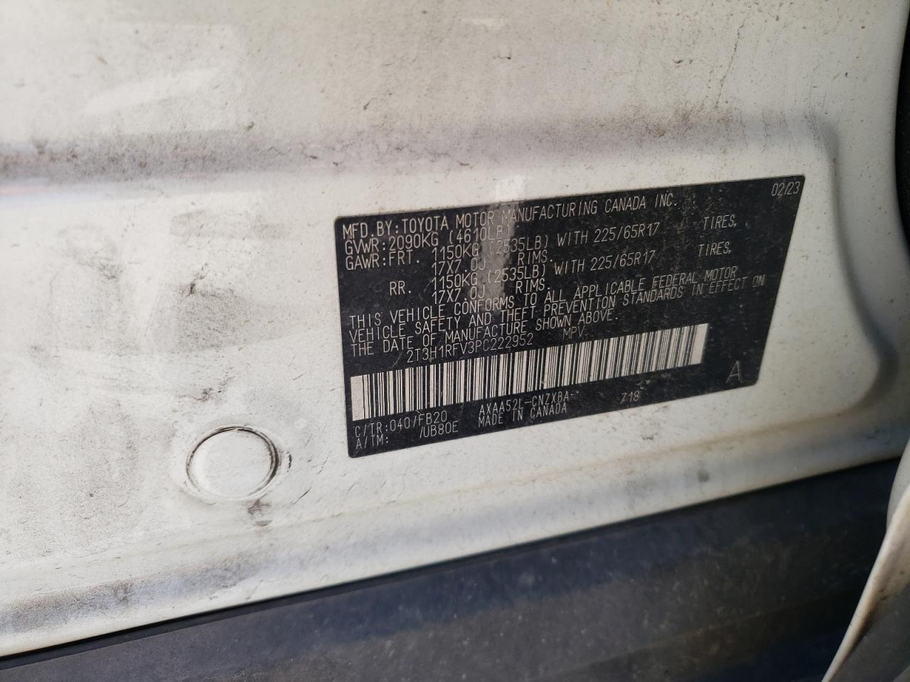 2023 TOYOTA RAV4 LE VIN:2T3H1RFV3PC222952