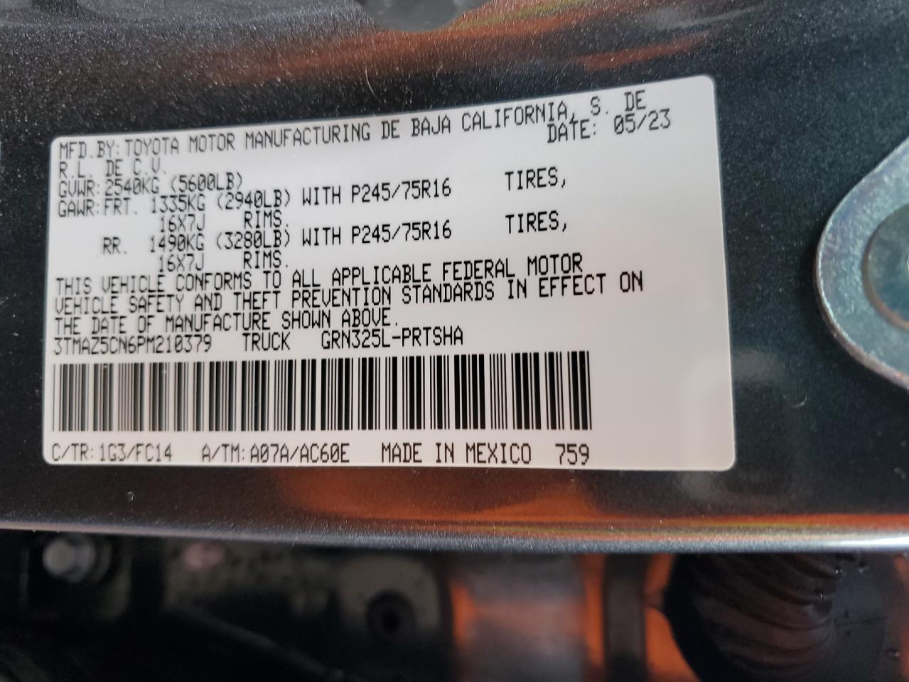 2023 TOYOTA TACOMA DOUBLE CAB VIN:3TMAZ5CN6PM210379