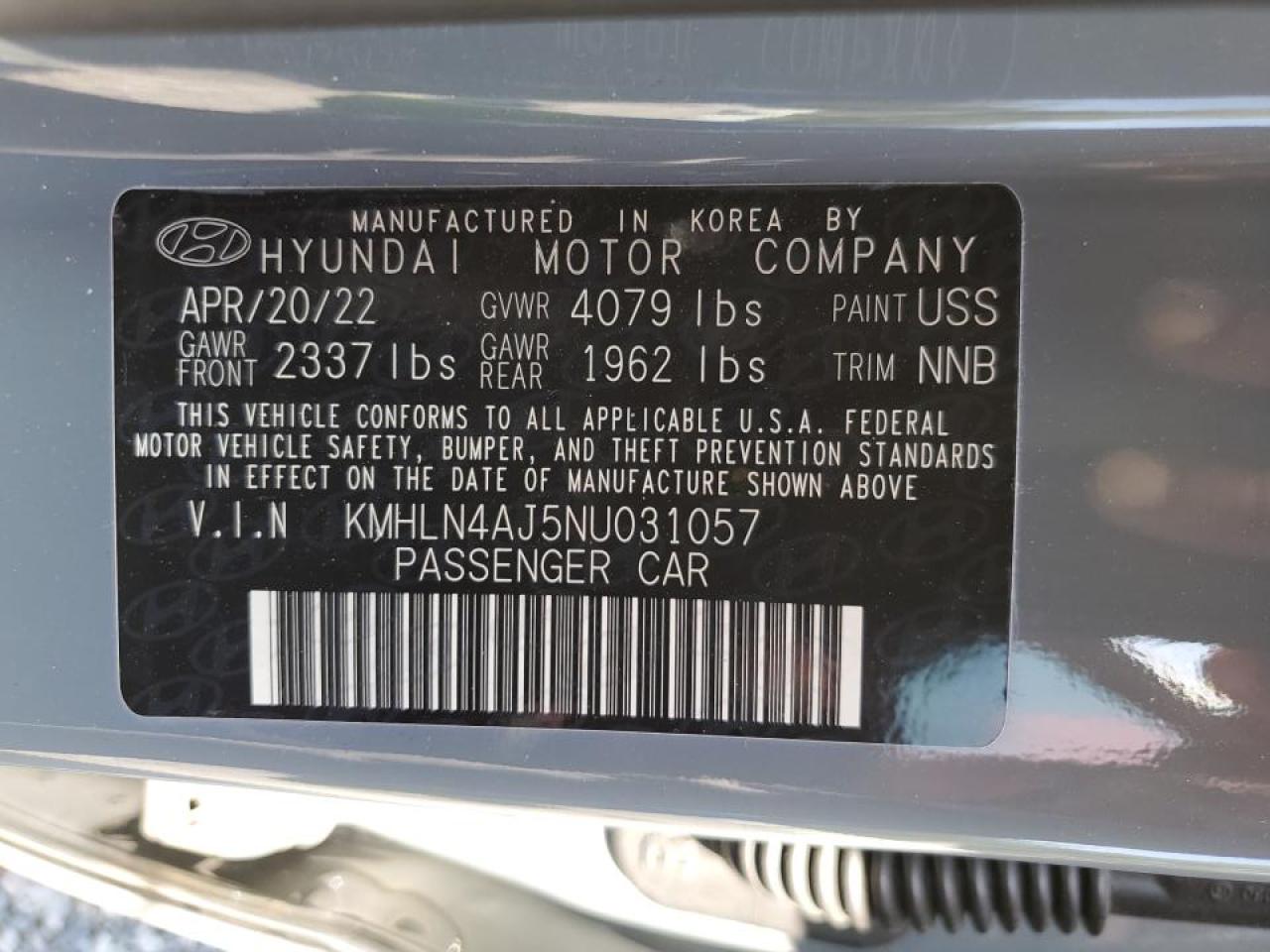 2022 HYUNDAI ELANTRA LIMITED VIN:KMHLN4AJ5NU031057