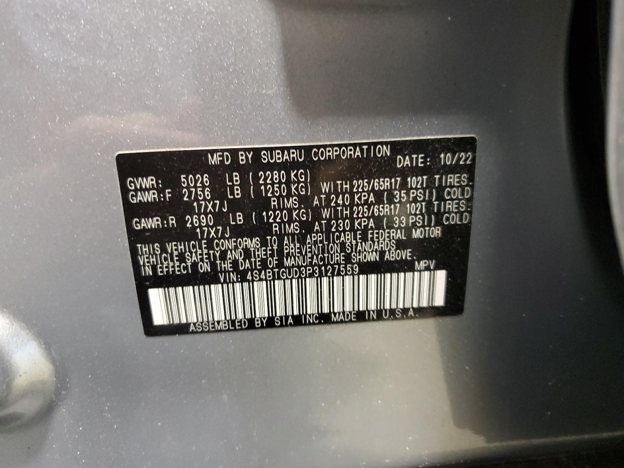 2023 SUBARU OUTBACK WILDERNESS VIN:4S4BTGUD3P3127559