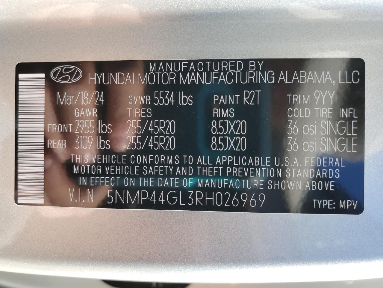 2024 HYUNDAI SANTA FE LIMITED VIN:5NMP44GL3RH026969