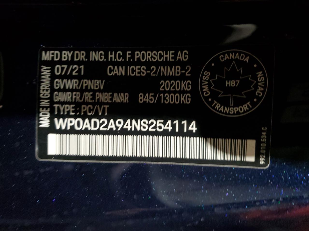 2022 PORSCHE 911 TURBO VIN:WP0AD2A94NS254114