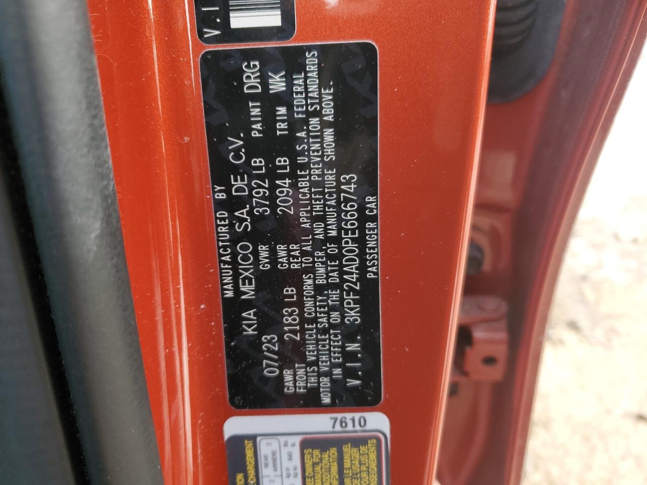 2023 KIA FORTE LX VIN:3KPF24AD0PE666743