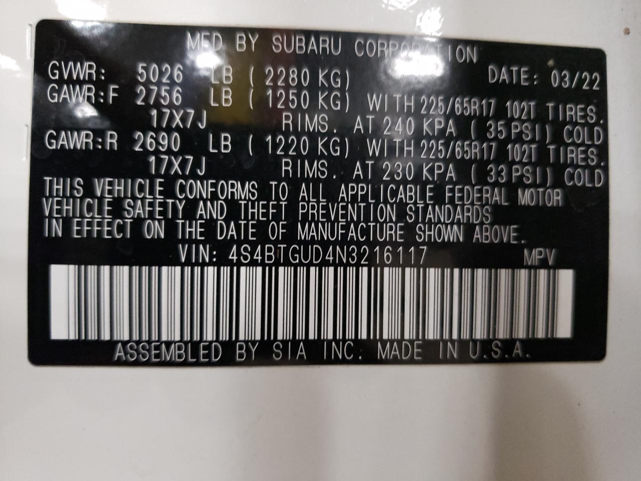 2022 SUBARU OUTBACK WILDERNESS VIN:4S4BTGUD4N3216117