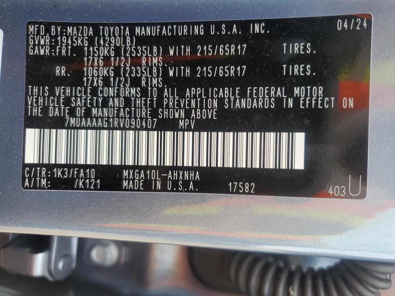 2024 TOYOTA COROLLA CROSS L VIN:7MUAAAAG1RV090407
