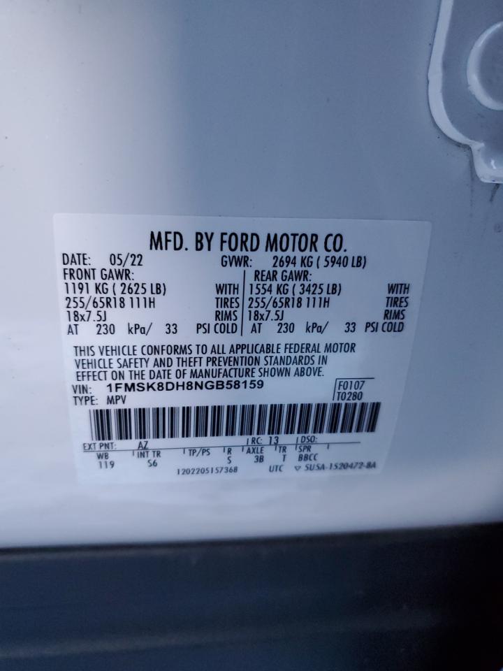 2022 FORD EXPLORER XLT VIN:1FMSK8DH8NGB58159