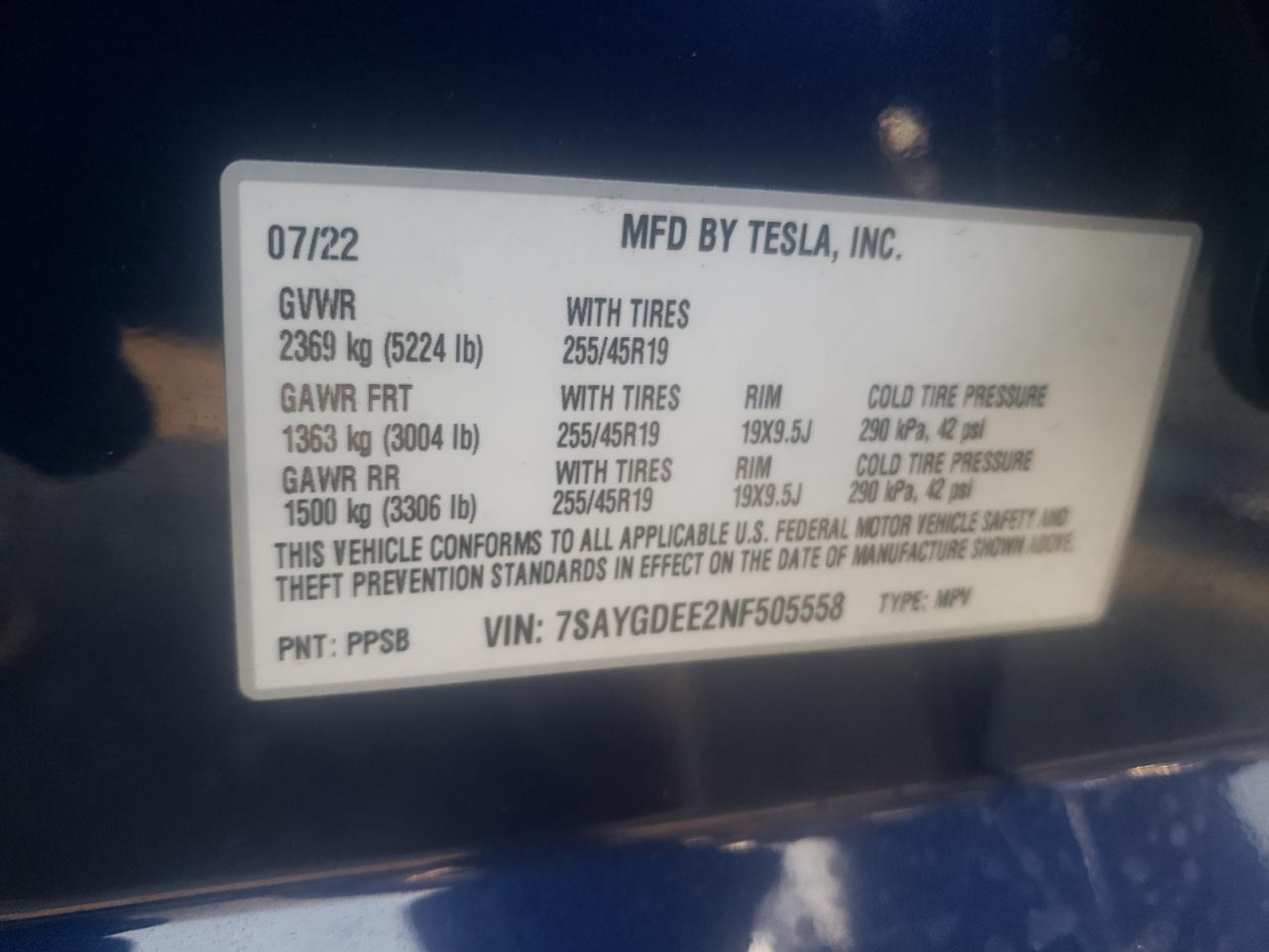2022 TESLA MODEL Y  VIN:7SAYGDEE2NF505558