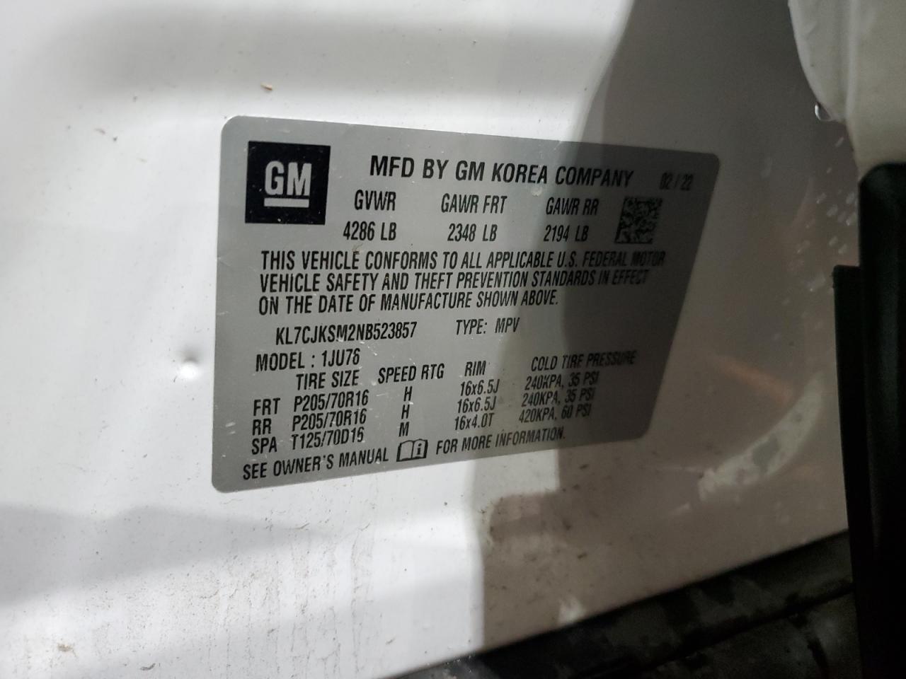 2022 CHEVROLET TRAX LS VIN:KL7CJKSM2NB523857