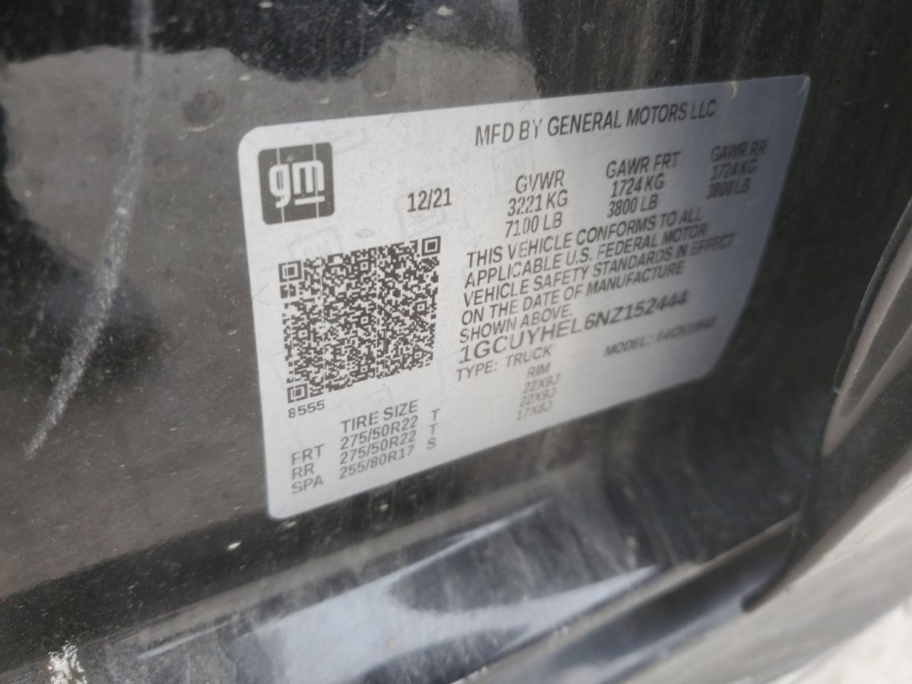 2022 CHEVROLET SILVERADO LTD K1500 HIGH COUNTRY VIN:1GCUYHEL6NZ152444