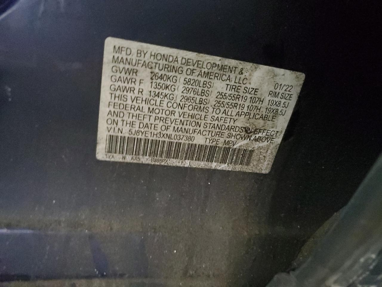 2022 ACURA MDX  VIN:5J8YE1H3XNL037380