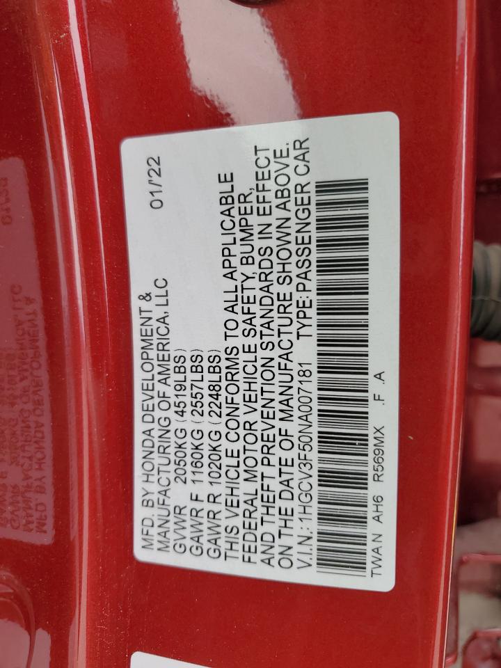 2022 HONDA ACCORD HYBRID EXL VIN:1HGCV3F50NA007181