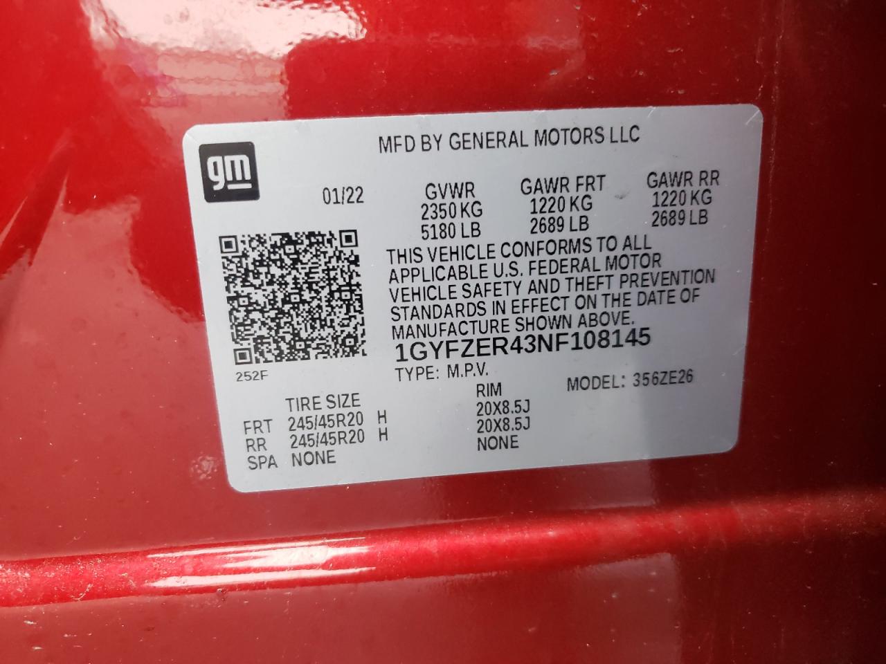 2022 CADILLAC XT4 SPORT VIN:1GYFZER43NF108145
