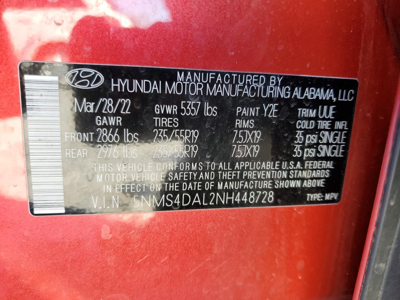 2022 HYUNDAI SANTA FE LIMITED VIN:5NMS4DAL2NH448728