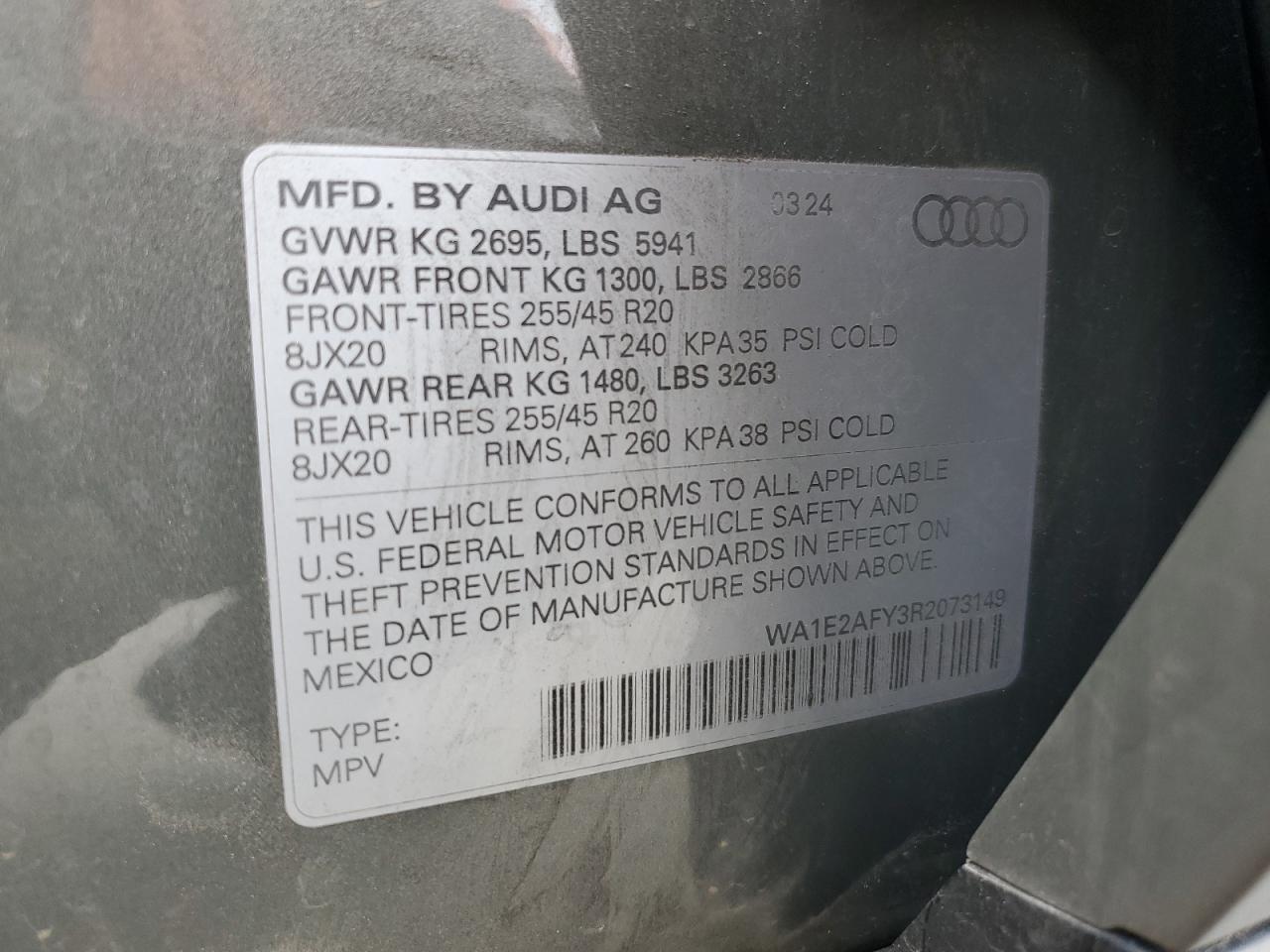 2024 AUDI Q5 E PREMIUM PLUS 55 VIN:WA1E2AFY3R2073149